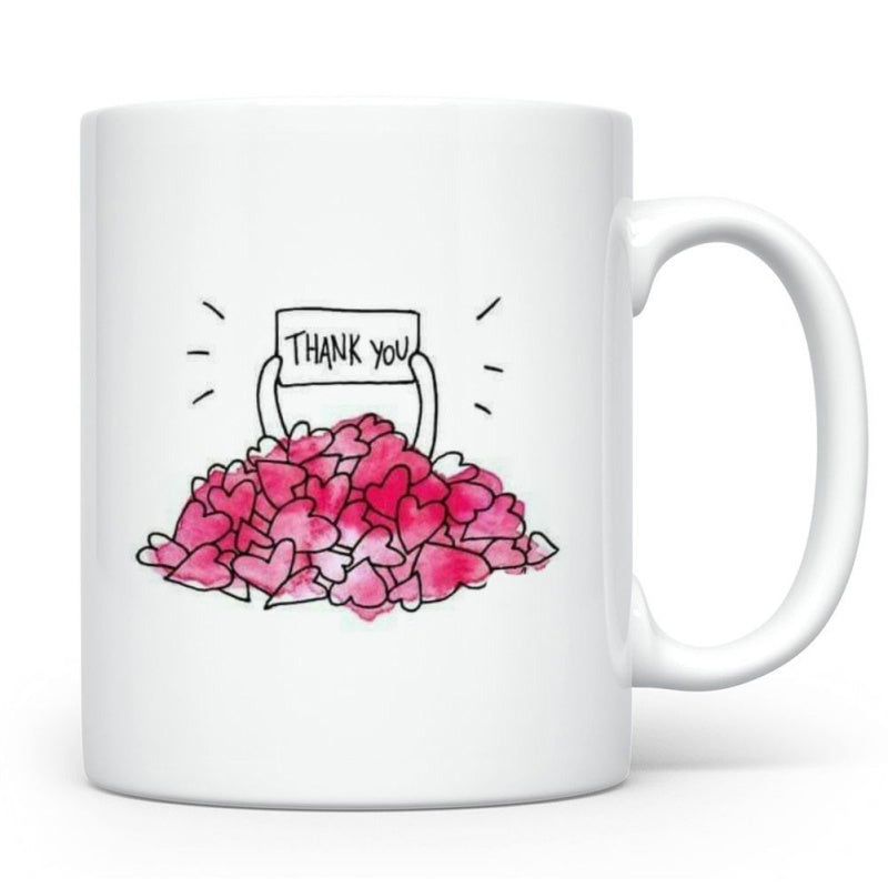 Tailorly White Ceramic 11 oz Mug - Thank You Hand Drawn Illustration With Pink Hearts And Arms Holding Message Sign Heart