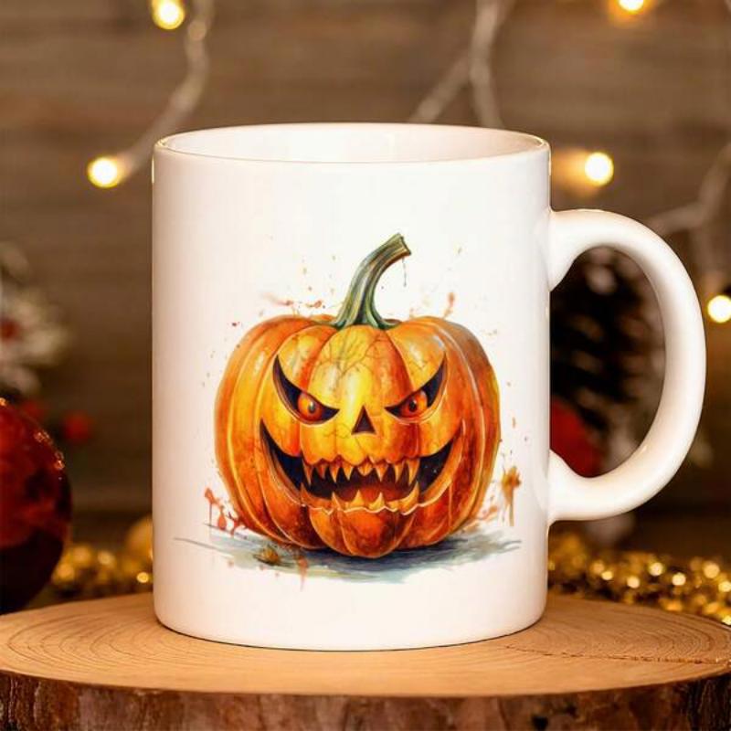 Tailorly White Ceramic 11 oz Mug - Scary Grinning Halloween Jack O Lantern With Sharp Teeth Pumpkin