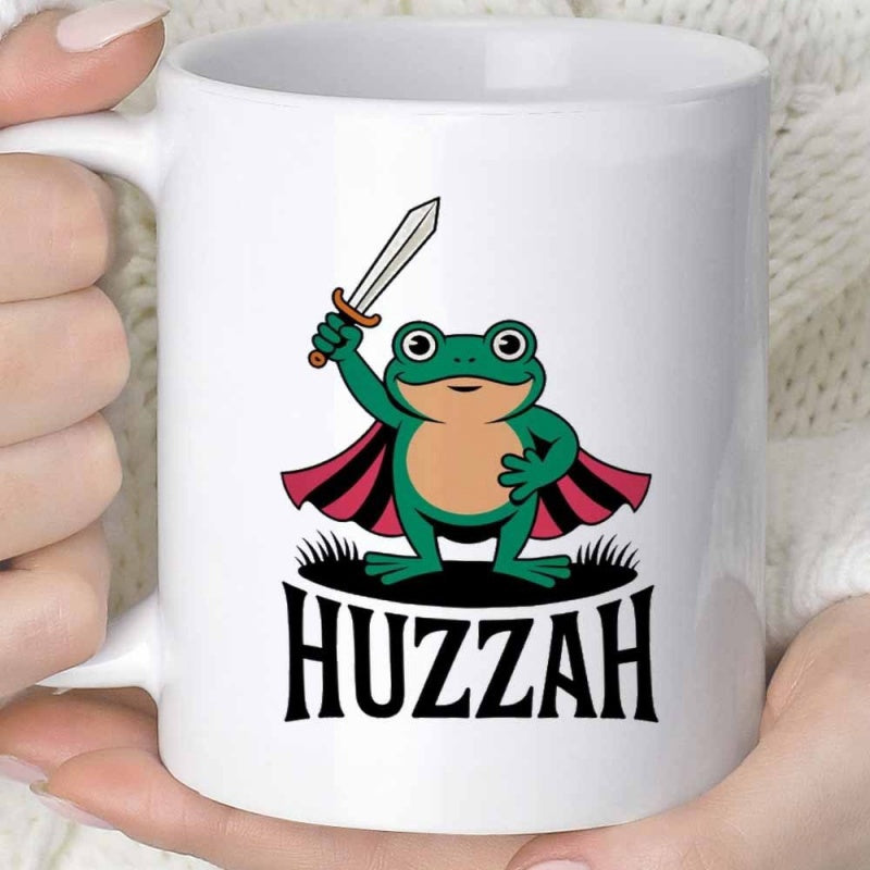 Tailorly White Ceramic 11 oz Mug - Huzzah Brave Little Green Warrior Wearing Cape Holding Silver Sword Heroic Frog