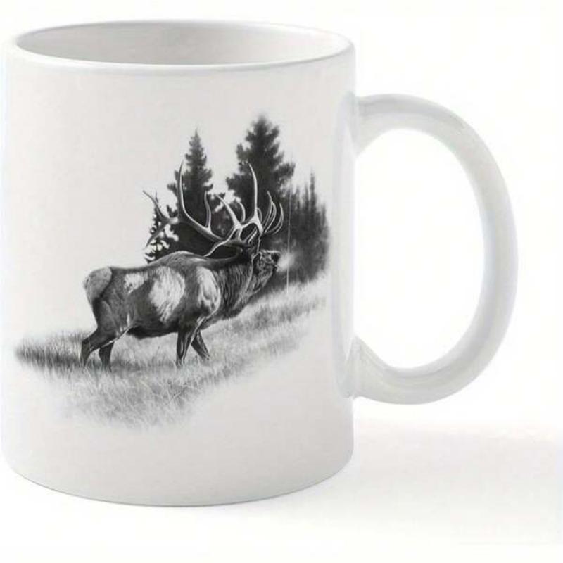 Tailorly White Ceramic 11 oz Mug - Majestic Wildlife Deer Standing Among Evergreen Trees In Natural Wilderness Elk