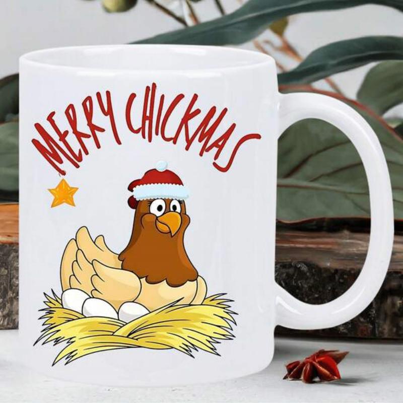 Tailorly White Ceramic 11 oz Mug - Merry Chickmas Festive Cartoon Brown Hen Wearing Red Santa Hat Sitting In Nest Chicken