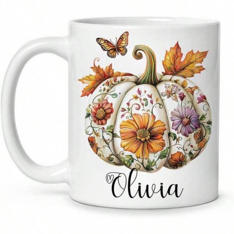Tailorly White Ceramic 11 oz Mug - Olivia Artistic Floral Watercolor Design Surrounded By Autumn Leaves And Butterfly Pumpkin