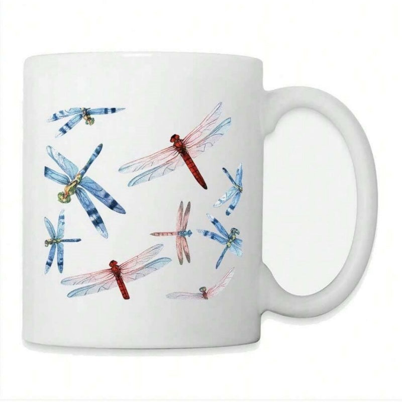 Tailorly White Ceramic 11 oz Mug - Delicate Watercolor Insects With Transparent Wings Fluttering In Vibrant Artistic Colors Dragonfly