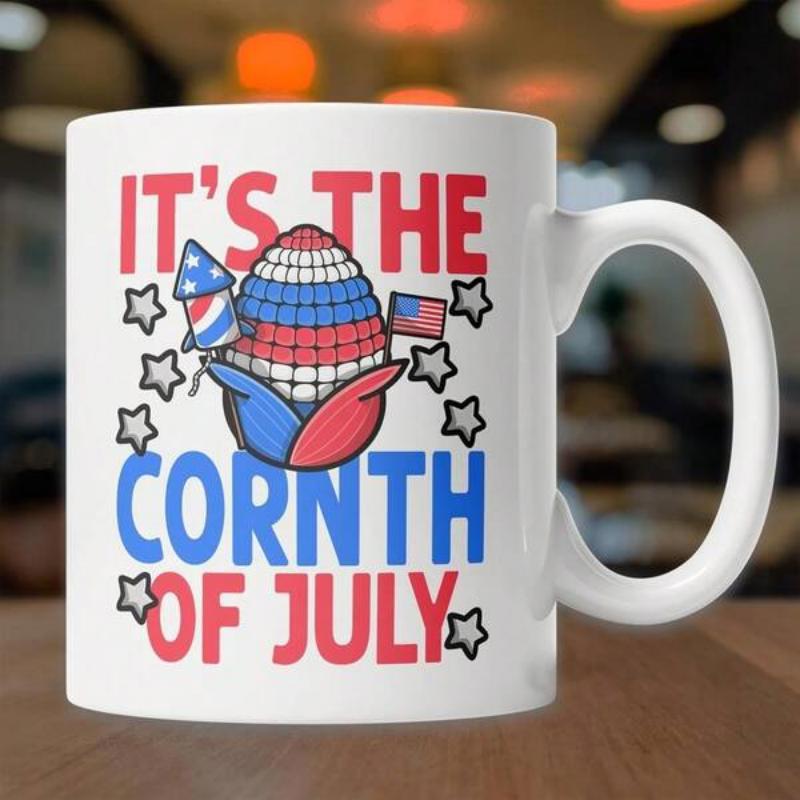 Tailorly White Ceramic 11 oz Mug - It S The Cornth Of July Patriotic Red White And Blue Stars With Firework Rocket Illustration Corn