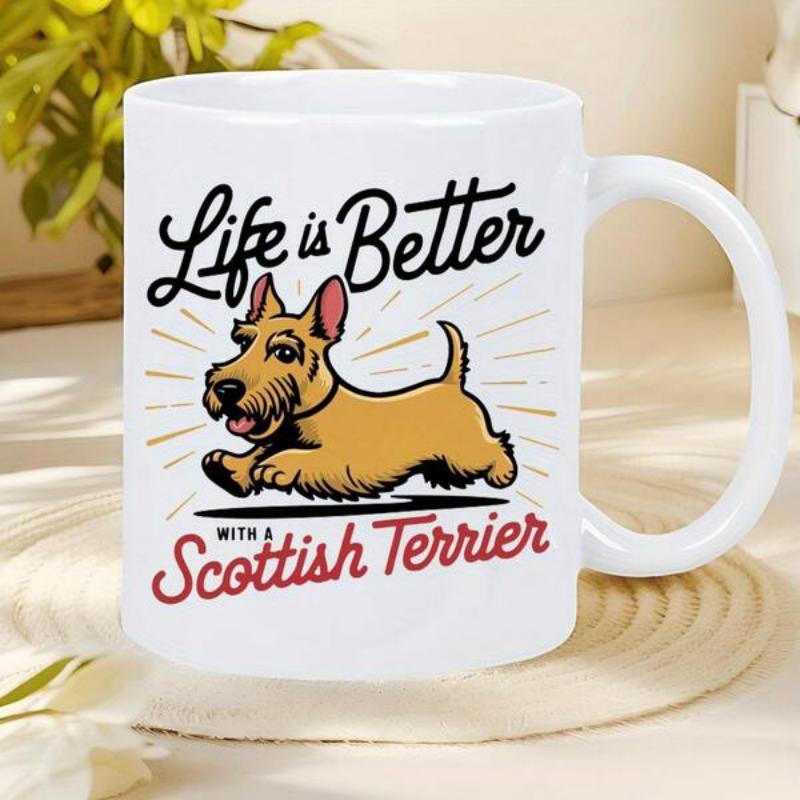 Tailorly White Ceramic 11 oz Mug - Life Is Better With A Scottish Terrier Happy Cartoon Dog Running Energetically Amidst Radiant Decorative Lines Scottish Terrier