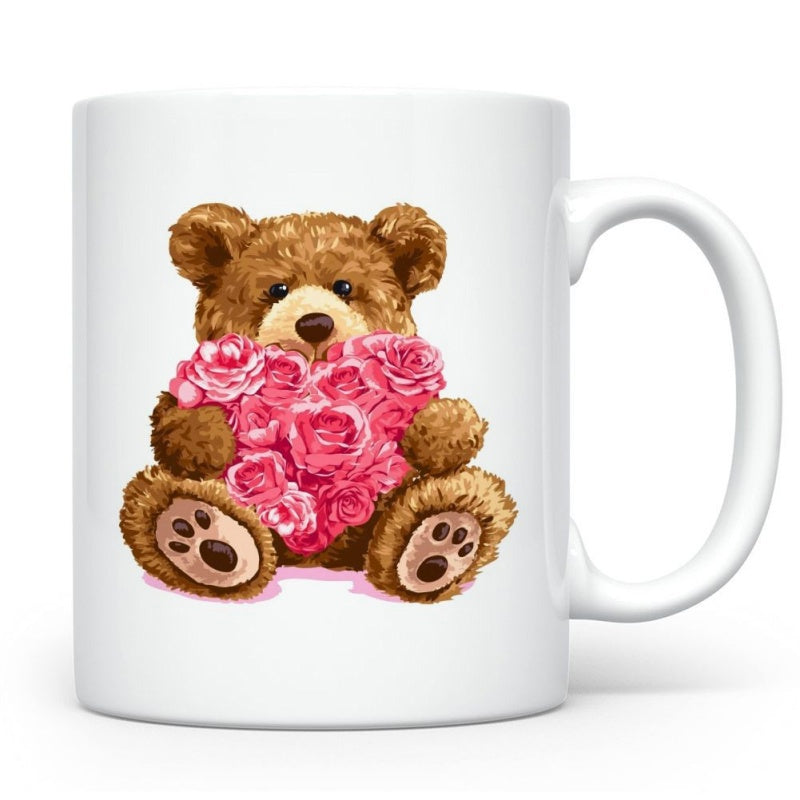 Tailorly White Ceramic 11 oz Mug - Adorable Brown Furry Teddy Holding Heart Shaped Pink Rose Bouquet Sitting Bear