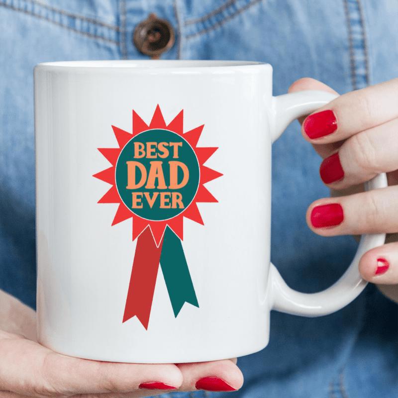 Tailorly White Ceramic 11 oz Mug - Best Dad Ever Festive Red And Teal Rosette Design For Celebration Occasions Award Badge