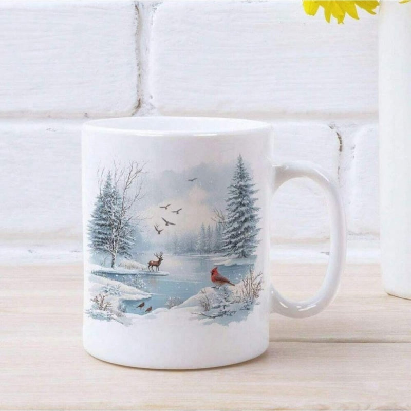 Tailorly White Ceramic 11 oz Mug - Serene Winter Landscape With Snowy Trees And Birds Near A Quiet Deer