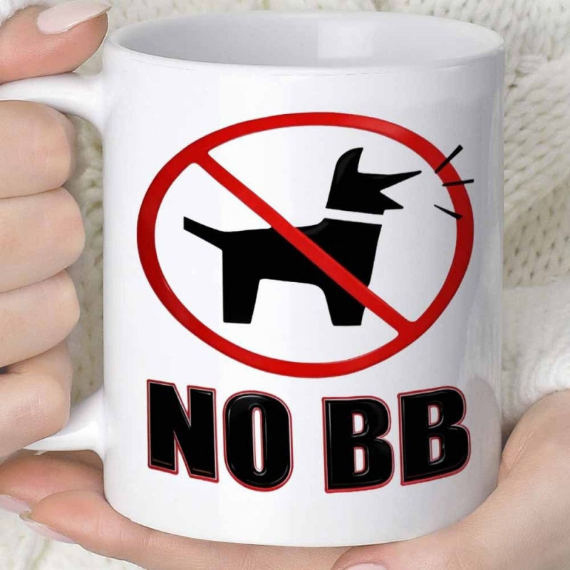 Tailorly White Ceramic 11 oz Mug - No BB Universal Prohibition Symbol Over A Black Barking Dog Silhouette Sign