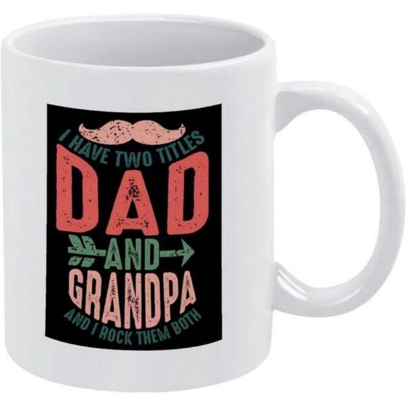 Tailorly White Ceramic 11 oz Mug - I Have Two Titles Dad And Grandpa And I Rock Them Both Vintage Distressed Lettering With Pink Mustache And Green Arrow Mustache