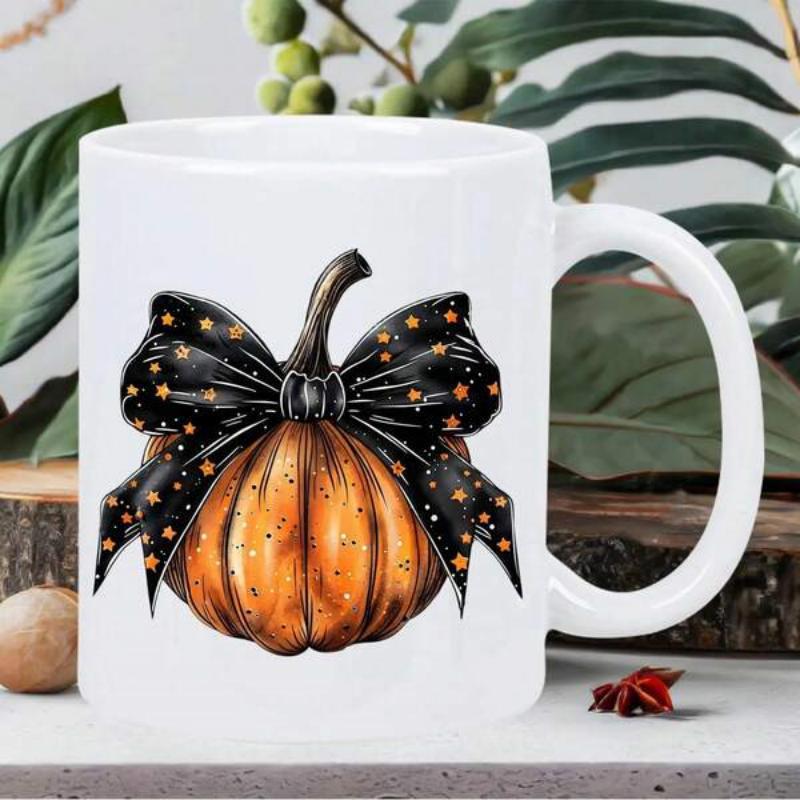 Tailorly White Ceramic 11 oz Mug - Vibrant Orange Watercolor Harvest Seasonal Ornament With Black Polka Dot Ribbon Pumpkin