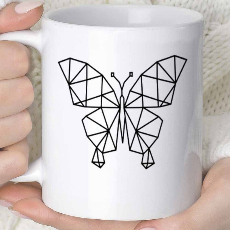 Tailorly White Ceramic 11 oz Mug - Modern Minimalist Geometric Lines Forming A Symmetrical Aesthetic Butterfly