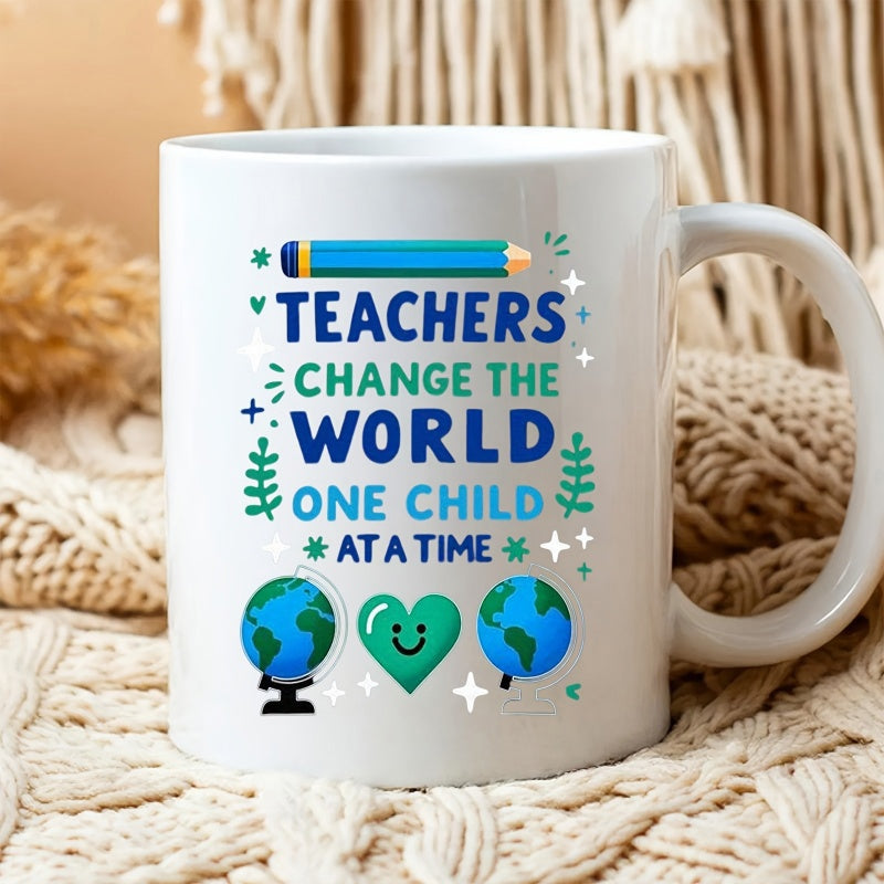 Tailorly White Ceramic 11 oz Mug - Teachers Change The World One Child At A Time Educational Graphics Featuring Smiling Heart And Colorful Pencil Globe