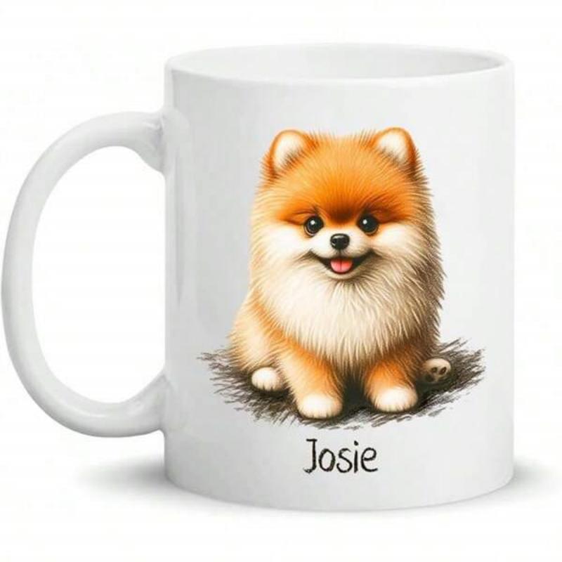 Tailorly White Ceramic 11 oz Mug - Josie Fluffy Golden Fur Sitting Puppy With Friendly Expression Among Shadowy Grass Pomeranian