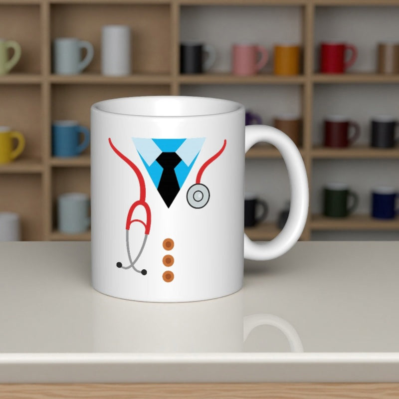 Tailorly White Ceramic 11 oz Mug - Minimalist Medical Attire Featuring A Blue Shirt With Stethoscope And Tie Uniform