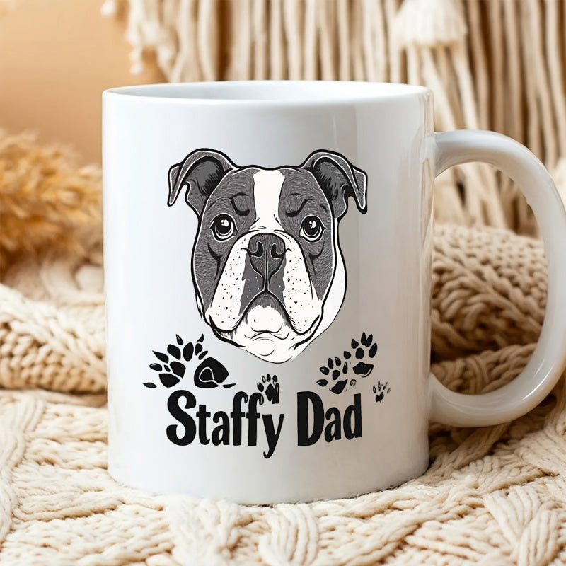 Tailorly White Ceramic 11 oz Mug - Staffy Dad Detailed Portrait Of A Strong Loyal Dog With Tiny Paw Prints Staffy
