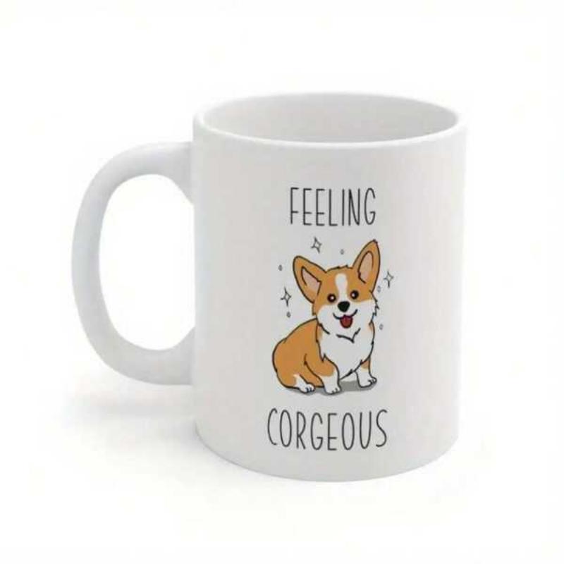 Tailorly White Ceramic 11 oz Mug - Feeling Corgeous Happy Cartoon Puppy Sitting Among Twinkling Stars With A Big Smile Corgi