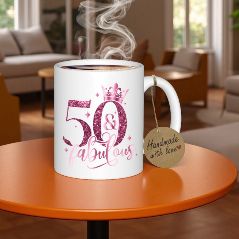 Tailorly White Ceramic 11 oz Mug - 50 Fabulous Shining Pink Glitter Numbers With Royal Crown And Twinkling Stars Birthday Mug