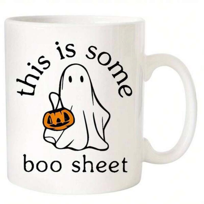 Tailorly White Ceramic 11 oz Mug - This Is Some Boo Sheet Adorable Little Ghost Holding A Carved Pumpkin Pail For Halloween Night Ghost