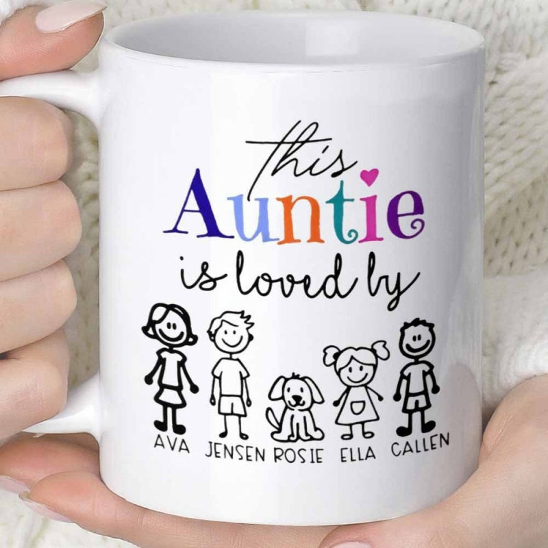Tailorly White Ceramic 11 oz Mug - This Auntie Is Loved By Ava Jensen Rosie Ella Callen Simple Hand Drawn Cartoon Stick Figure Children And A Friendly Little Dog