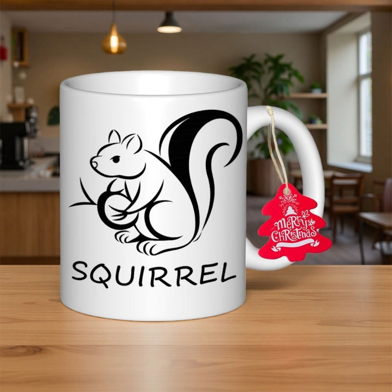 Tailorly White Ceramic 11 oz Mug - Squirrel Hand Drawn Black Line Art Of A Sitting Forest Squirrel