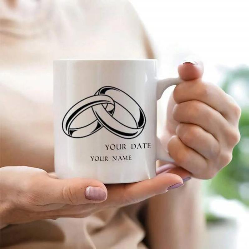 Tailorly White Ceramic 11 oz Mug - Your Date Your Name Two Interlocking Elegant Wedding Bands Symbolizing Eternal Love And Union Ring