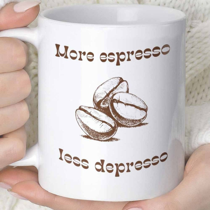 Tailorly White Ceramic 11 oz Mug - More Espresso Less Depresso Hand Drawn Vintage Style Roasted Coffee Seeds Resting On White Surface Bean