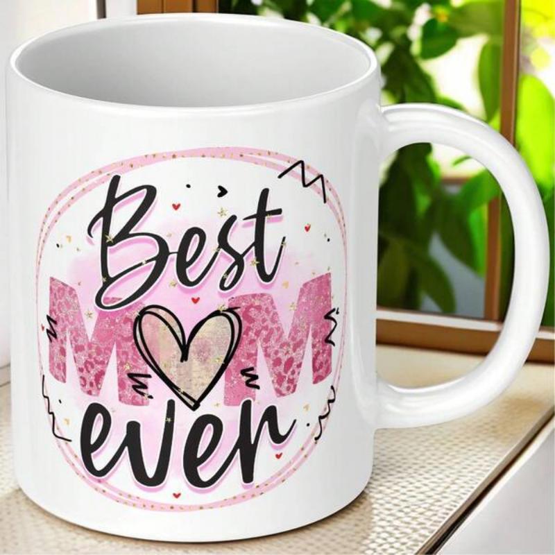 Tailorly White Ceramic 11 oz Mug - Best Mom Ever Soft Pink Leopard Print Textures With Artistic Decorative Heart