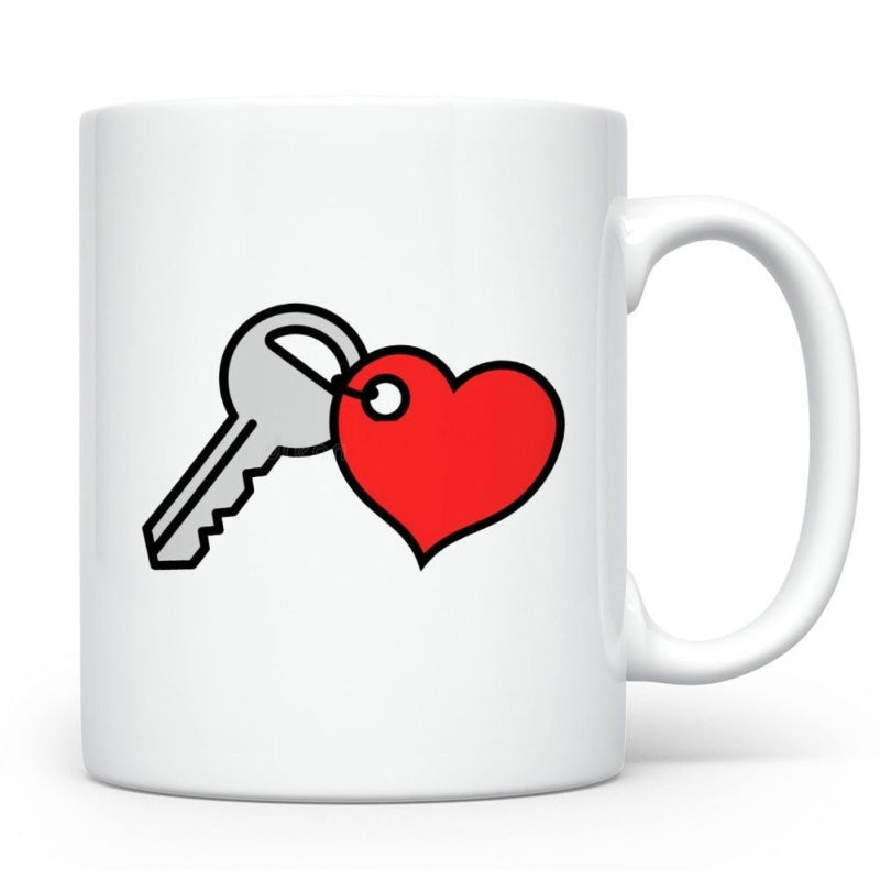 Tailorly White Ceramic 11 oz Mug - Minimalist Silver Metal Accessory Attached To A Romantic Vibrant Red Heart Key
