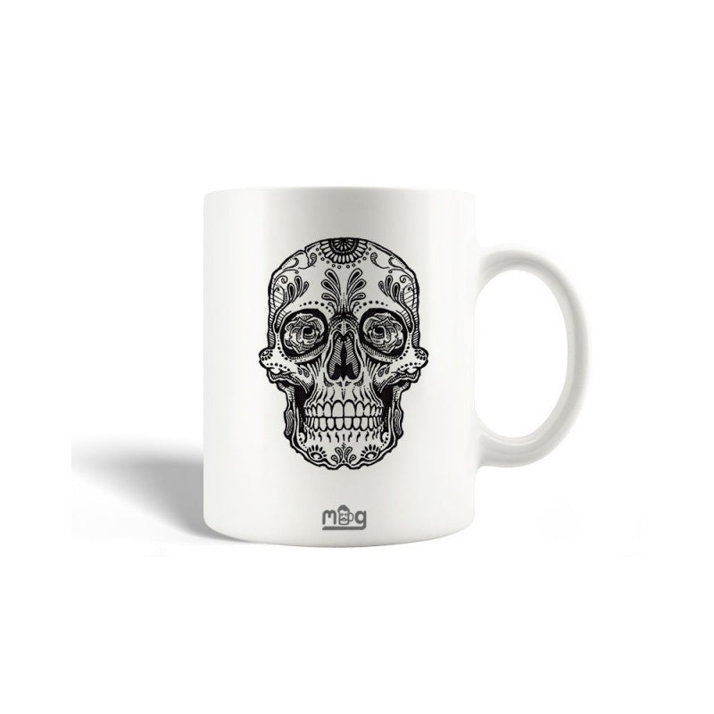 Tailorly White Ceramic 11 oz Mug - Intricately Detailed Monochrome Ornaments Decorating A Stylized Day Of The Dead Skull