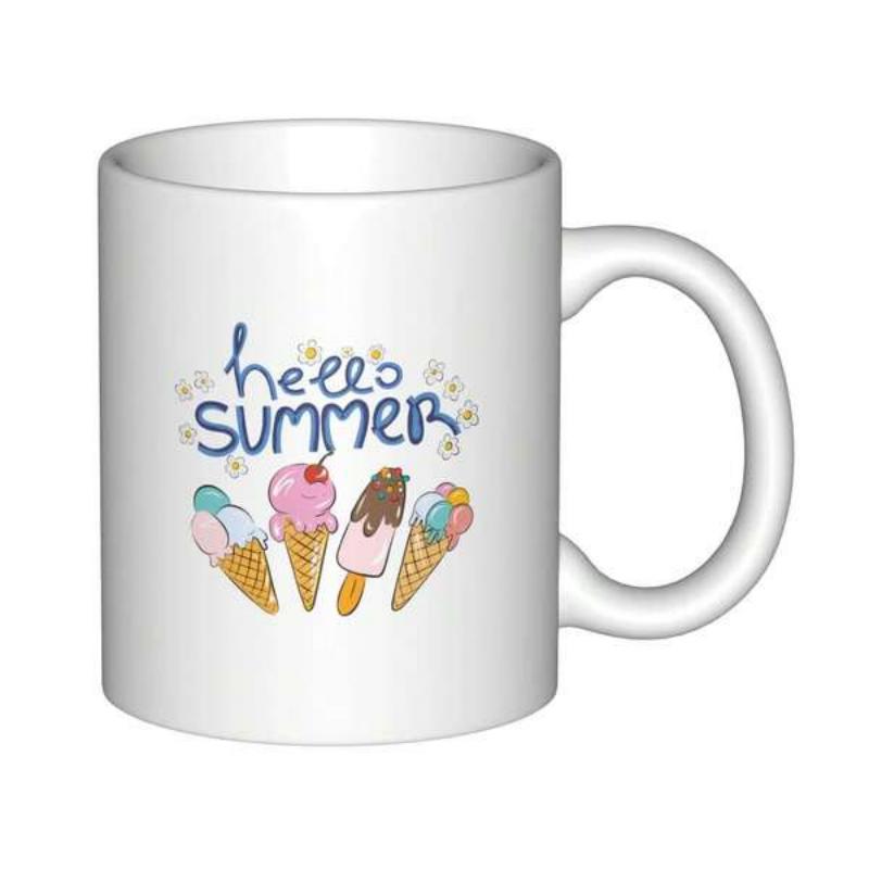 Tailorly White Ceramic 11 oz Mug - Hello Summer Colorful Assorted Cones And Popsicle Floating Under Playful Text Ice Cream