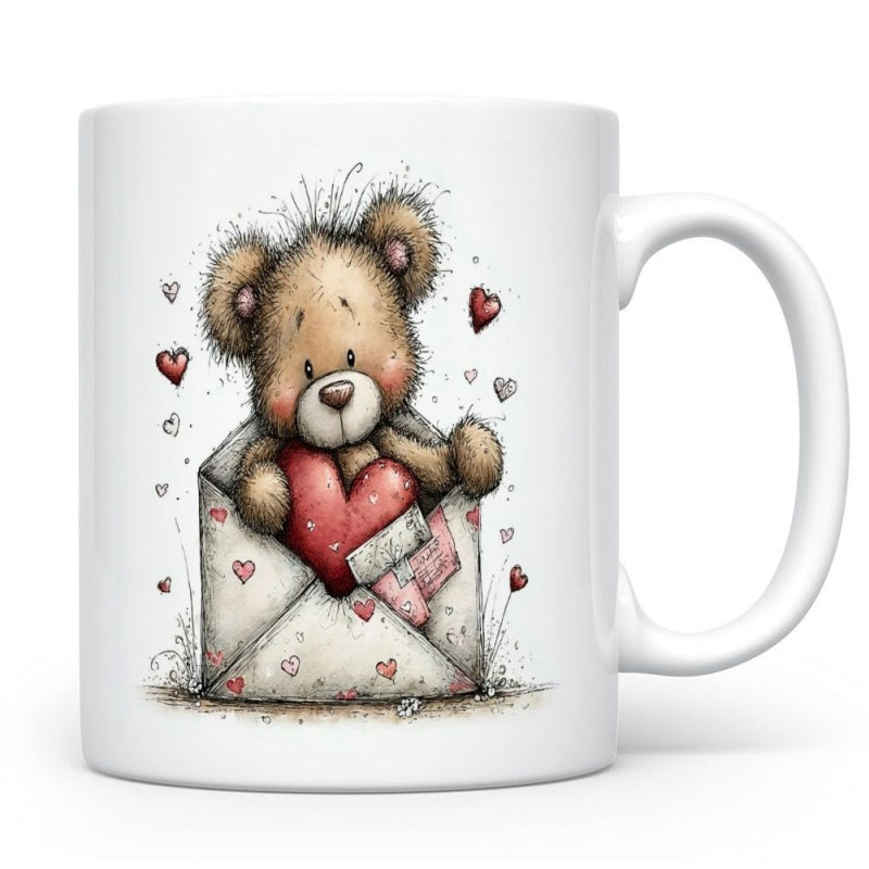 Tailorly White Ceramic 11 oz Mug - Adorable Fuzzy Teddy Holding Red Heart Sitting In Mail Envelope With Small Hearts Bear