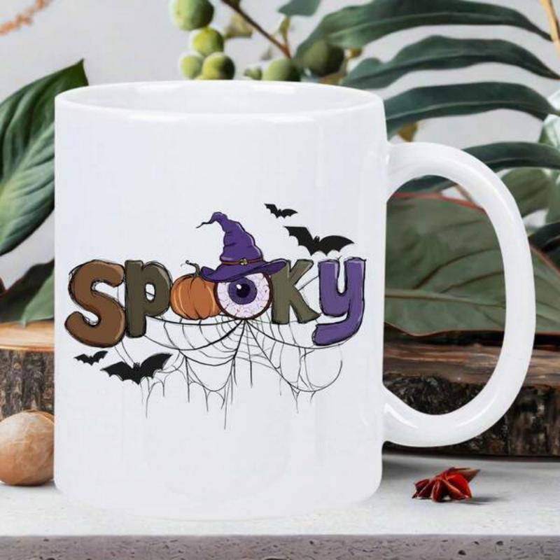 Tailorly White Ceramic 11 oz Mug - Spooky Witch Hat Pumpkin Bats And Spider Web Elements For Haunted Halloween Atmosphere Eyeball