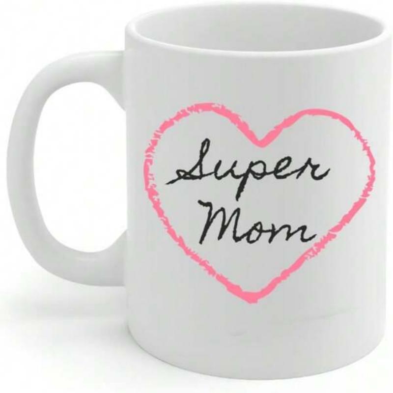 Tailorly White Ceramic 11 oz Mug - Super Mom Pink Textured Crayon Style Heart Outline Surrounding Elegant Cursive Script Text Heart