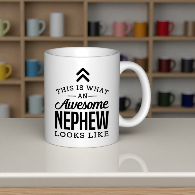 Tailorly White Ceramic 11 oz Mug - This Is What An Awesome Nephew Looks Like Minimalist Black Double Arrow Printed On White Smooth Mug