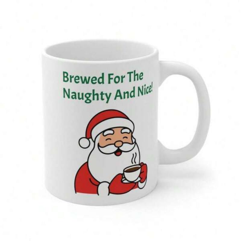 Tailorly White Ceramic 11 oz Mug - Brewed For The Naughty And Nice Festive Cartoon Character Holding A Steaming Cup Of Coffee Santa Claus