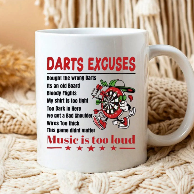 Tailorly White Ceramic 11 oz Mug - Darts Excuses Music Is Too Loud Energetic Cartoon Character Wearing A Green Cap Holding Colorful Darts Dartboard