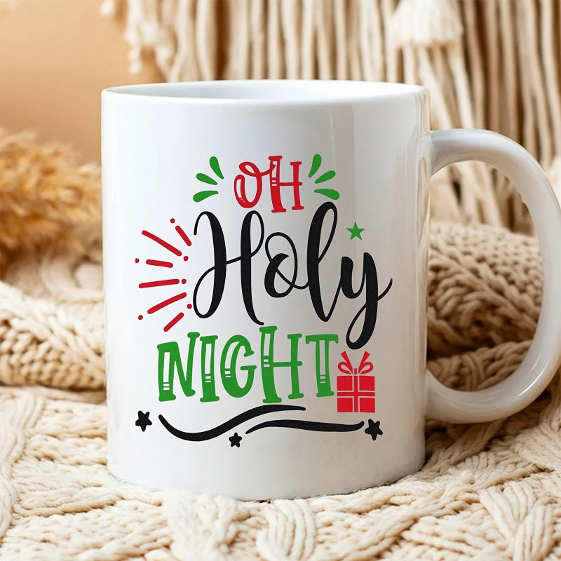 Tailorly White Ceramic 11 oz Mug - Oh Holy Night Festive Typography Featuring Red Gift Box And Shining Decorative Green Stars Mug