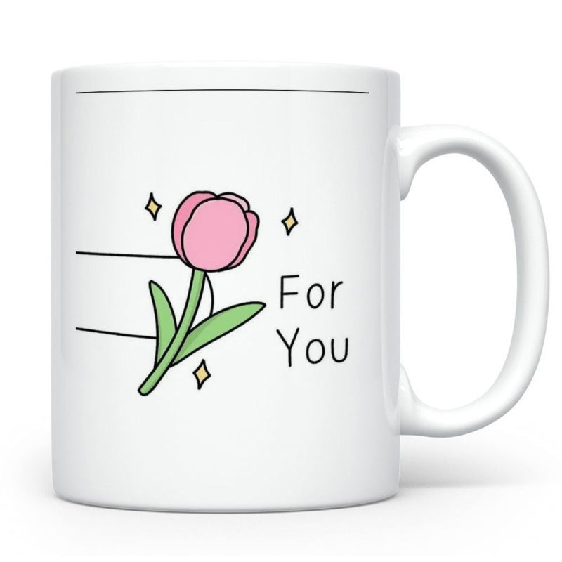 Tailorly White Ceramic 11 oz Mug - For You Artistic Hand Drawn Pink Flower With Sparkling Stars And Minimalist Lines Tulip