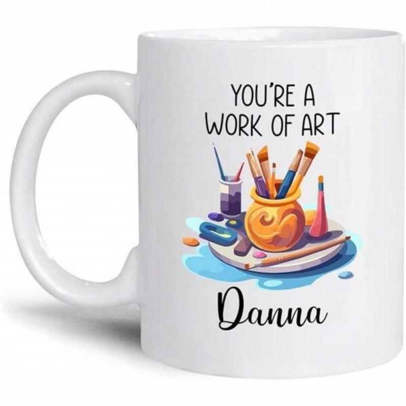 Tailorly White Ceramic 11 oz Mug - Youre A Work Of Art Danna Artist Brushes Inside Golden Jar Resting Upon Colorful Painter Palette Art