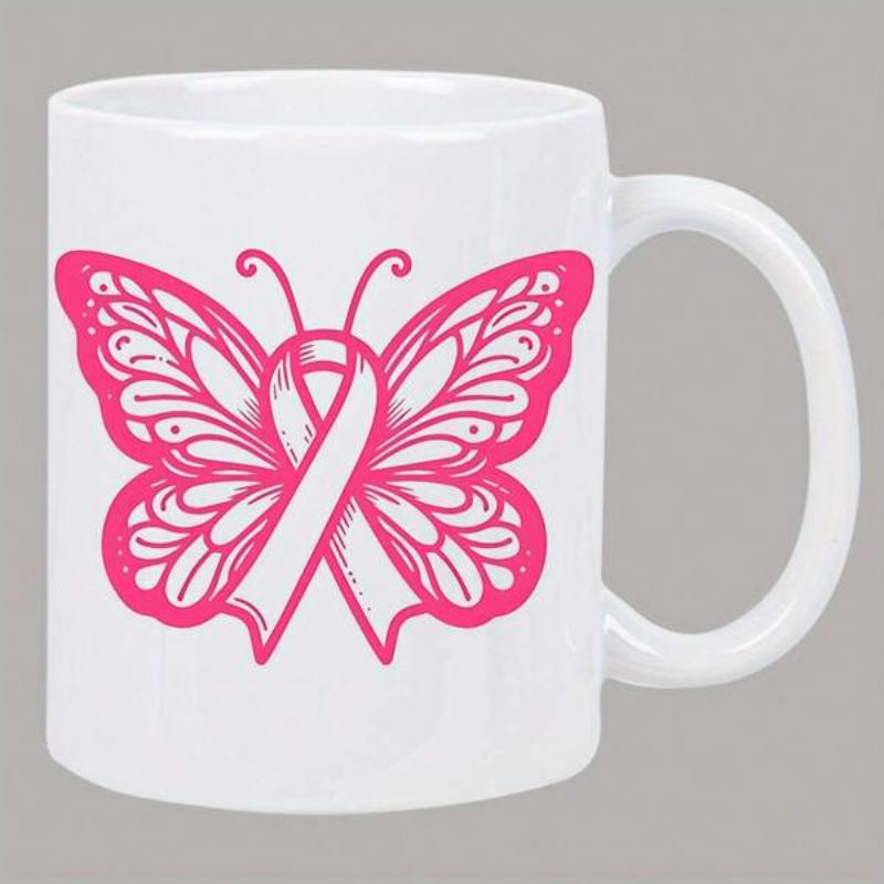 Tailorly White Ceramic 11 oz Mug - Elegant Pink Awareness Ribbon Symbol Spread Wings On White Butterfly