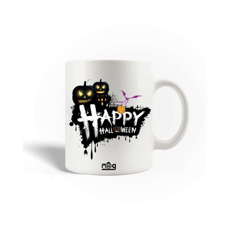 Tailorly White Ceramic 11 oz Mug - Happy Halloween Spooky Glowing Jack O Lanterns Over Dark Ink Splatter Pumpkin