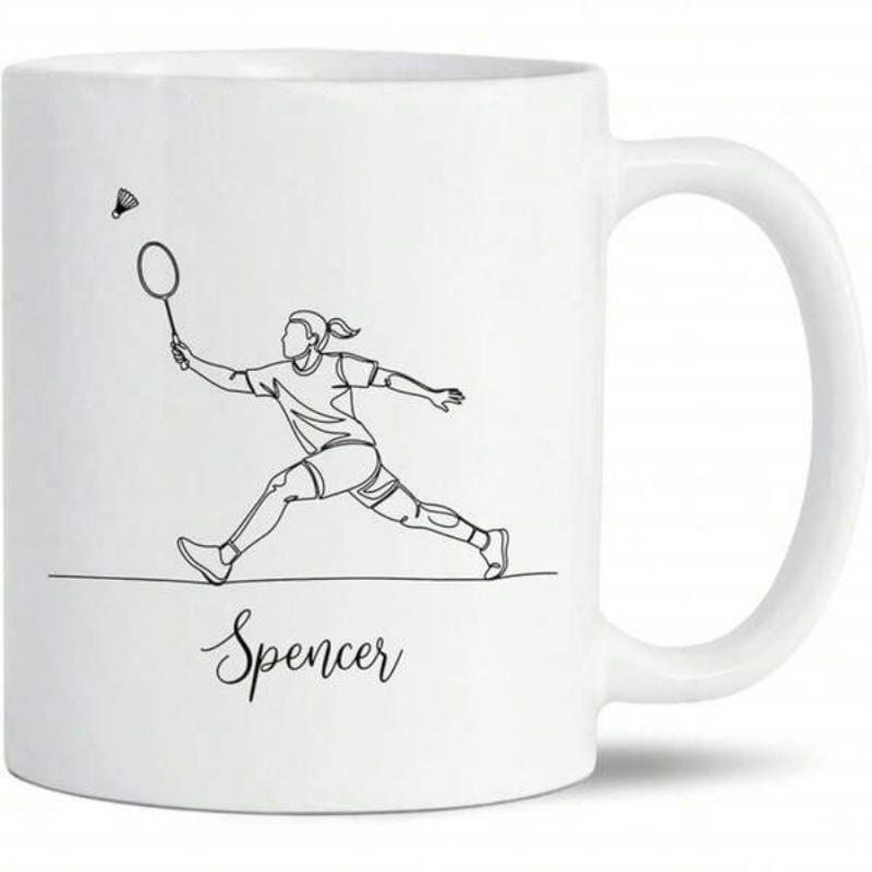 Tailorly White Ceramic 11 oz Mug - Spencer Minimalist Black Line Drawing Female Athlete Striking Shuttlecock With Badminton Racket Player