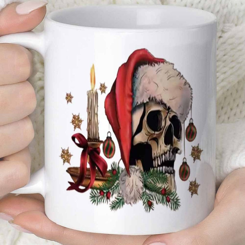 Tailorly White Ceramic 11 oz Mug - Festive Gothic Christmas Theme With Glowing Candle And Pine Branches Skull