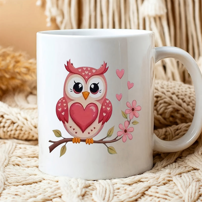 Tailorly White Ceramic 11 oz Mug - Cute Pink Bird With Heart Pattern Resting On A Flowering Branch Owl