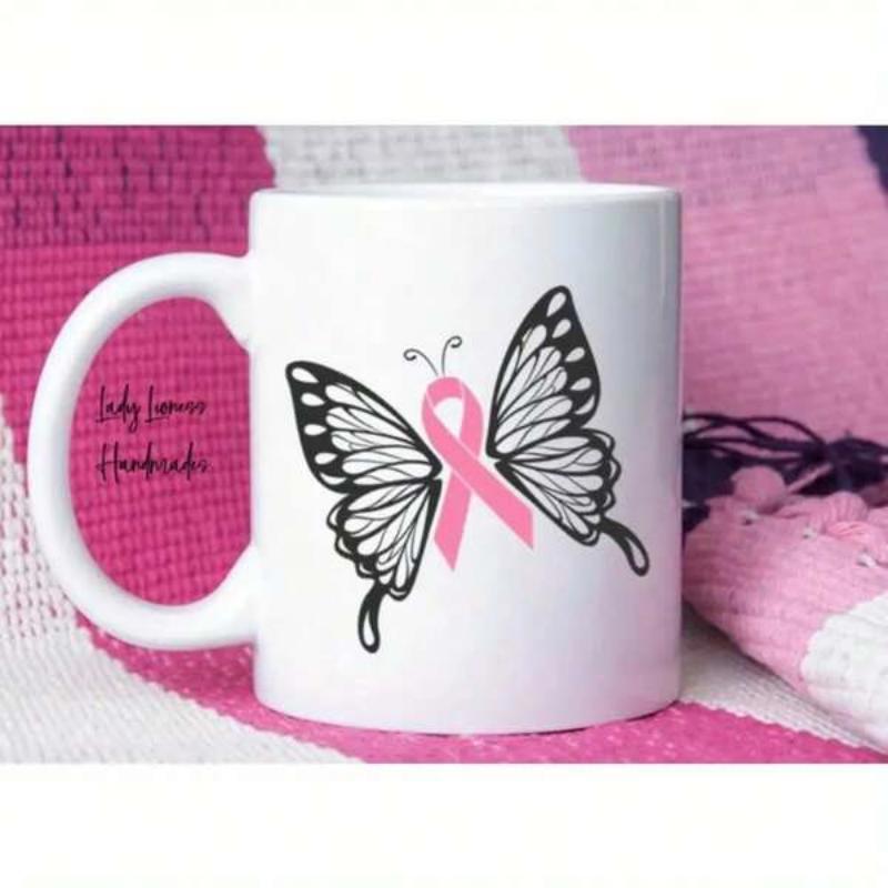Tailorly White Ceramic 11 oz Mug - Graceful Butterfly Wings Spreading Around A Pink Cancer Awareness Ribbon Butterfly