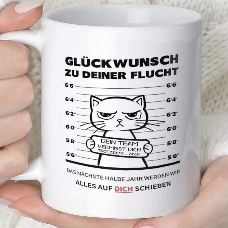 Tailorly White Ceramic 11 oz Mug - Grumpy Cartoon Feline Standing Before Height Measurement Lines Holding Sign Cat