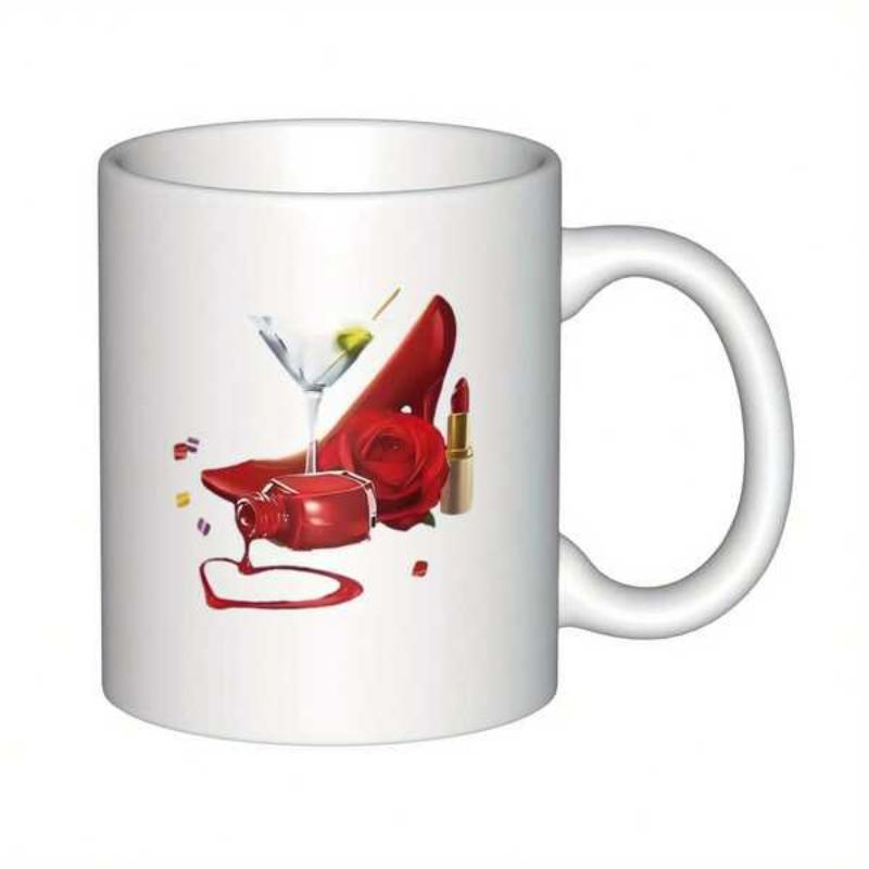 Tailorly White Ceramic 11 oz Mug - Fashionable Red Rose With Spilled Nail Polish And Martini Glass Featuring High Heel