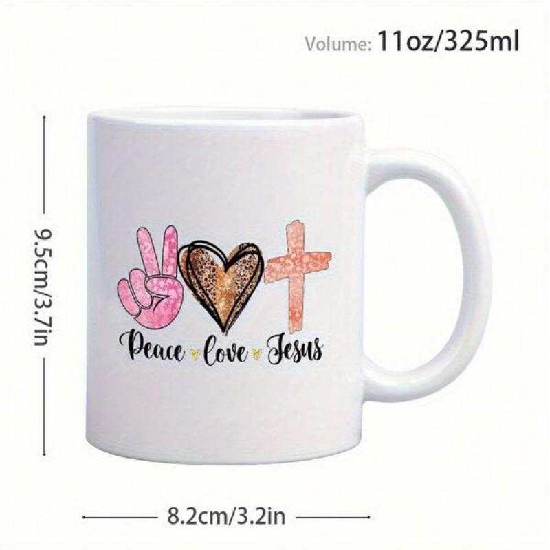 Tailorly White Ceramic 11 oz Mug - Peace Love Jesus Watercolor Pink Hand Sign With Leopard Pattern Heart And Faith Cross