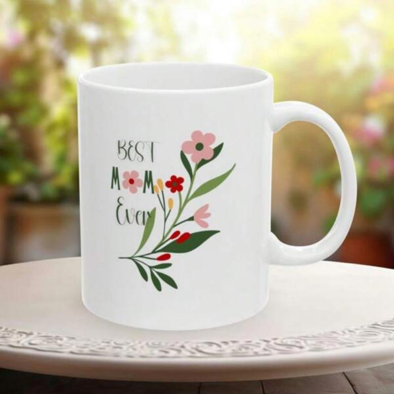 Tailorly White Ceramic 11 oz Mug - Best Mom Ever Delicate Colorful Wildflowers Growing Among Lush Green Leaves Under Soft Light Flowers
